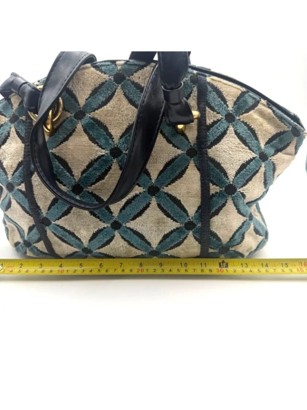 Vintage Tapestry Shoulder Bag Blue Black Geometric Velvet Purse Red Lining